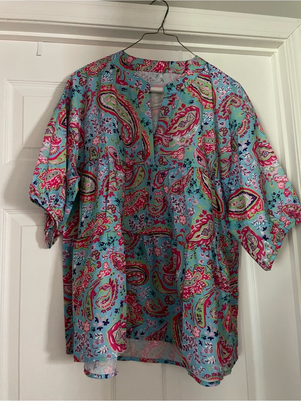 Paisley-Print Short Sleeve Blouse in Aqua and Pink